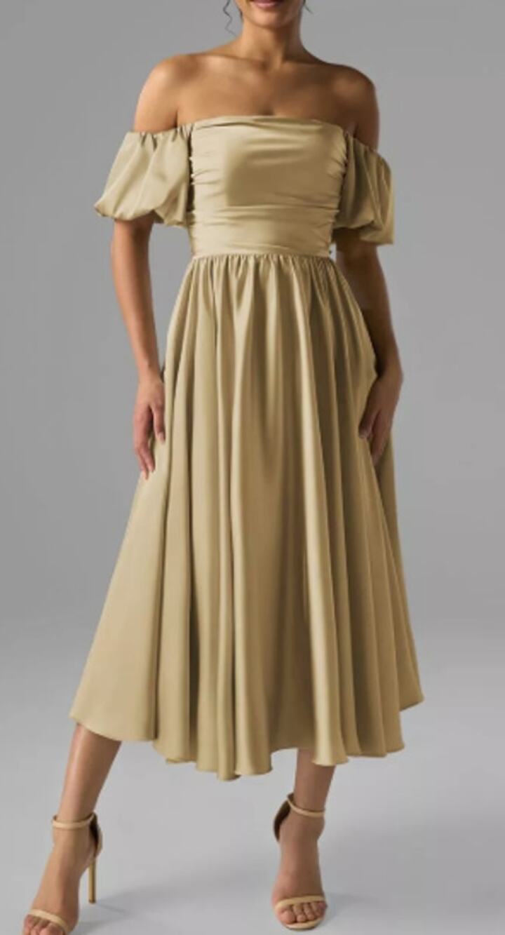 AW BRIDAL 10 L light gold Kye satin bridesmaid cocktail party midi dress NEW 0B6